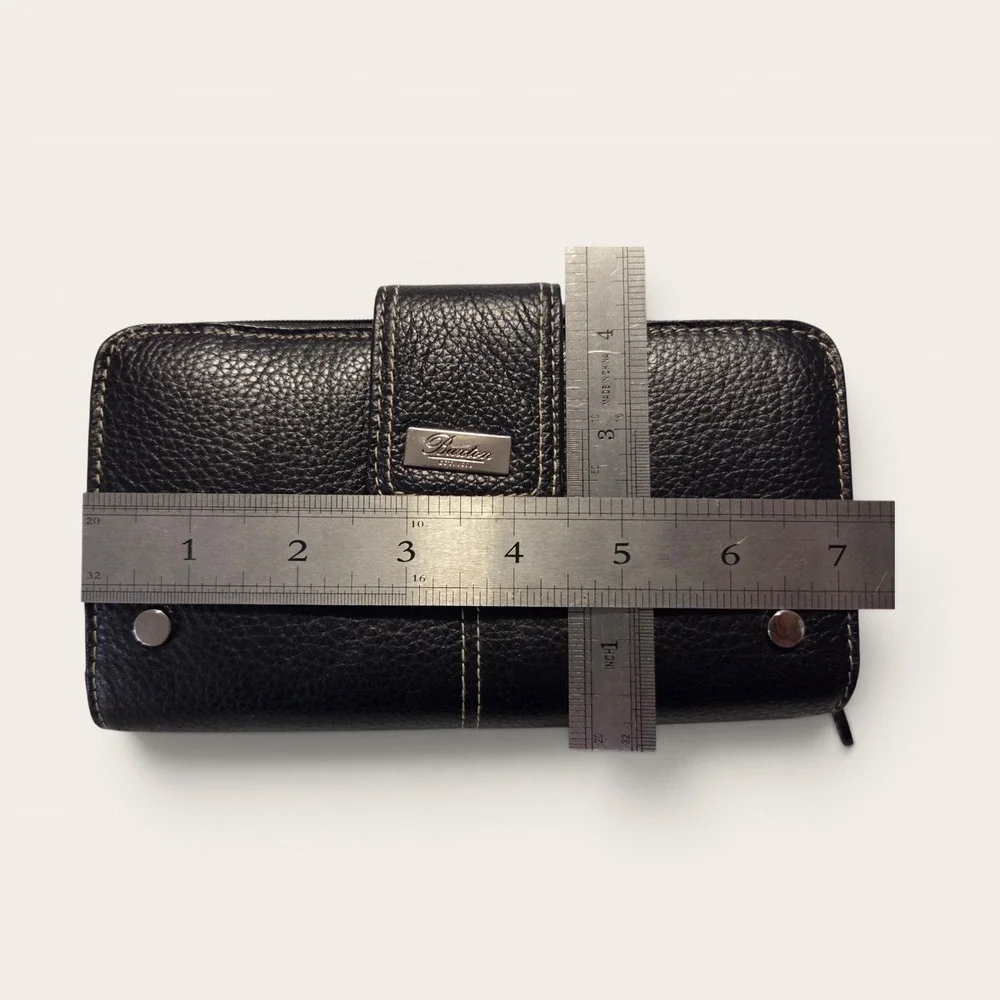 Buxton Black Leather Zip Around Checkbook Wallet Organizer Contrast Stitch